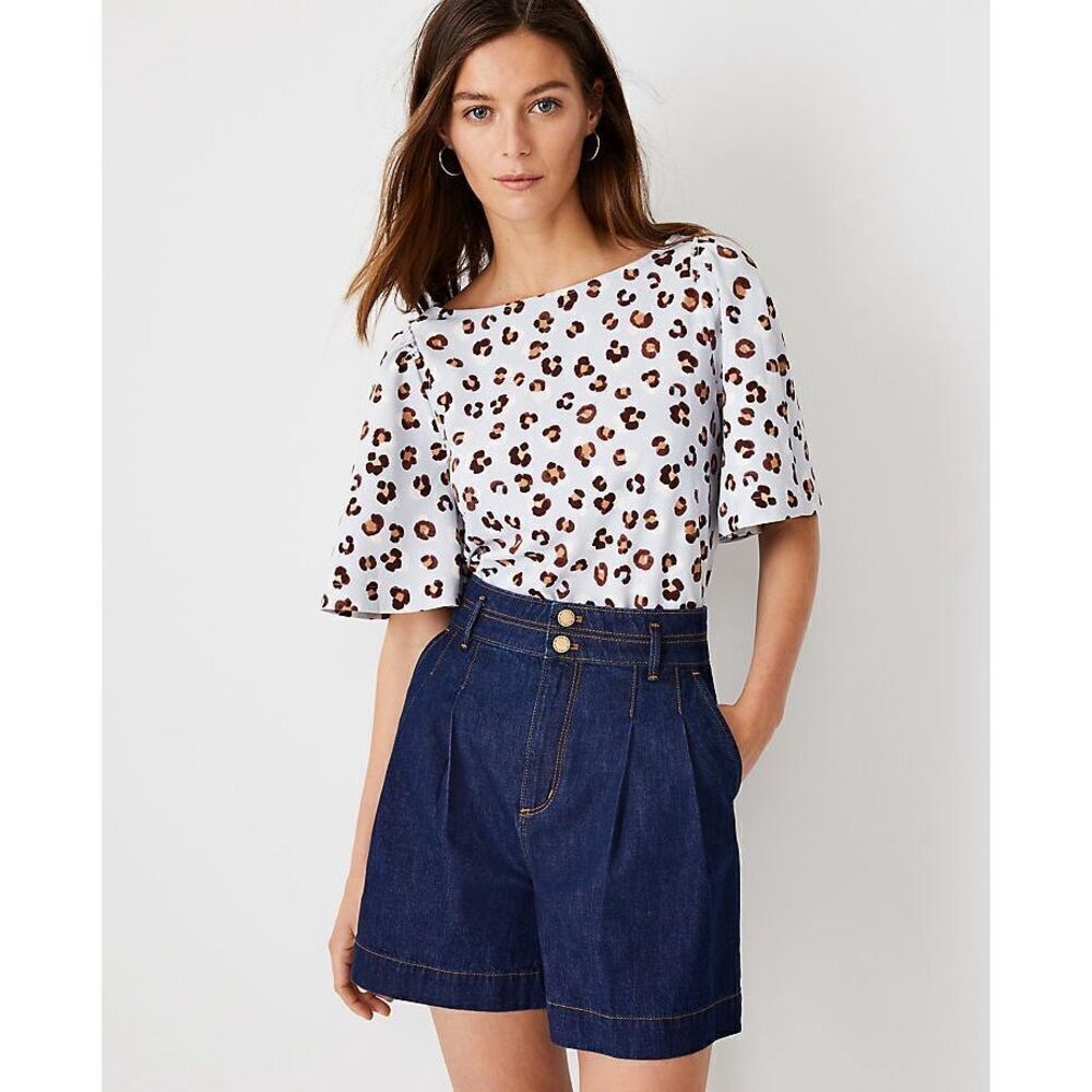 Ann Taylor blue Animal Print Bell Sleeve Top blouse size MP